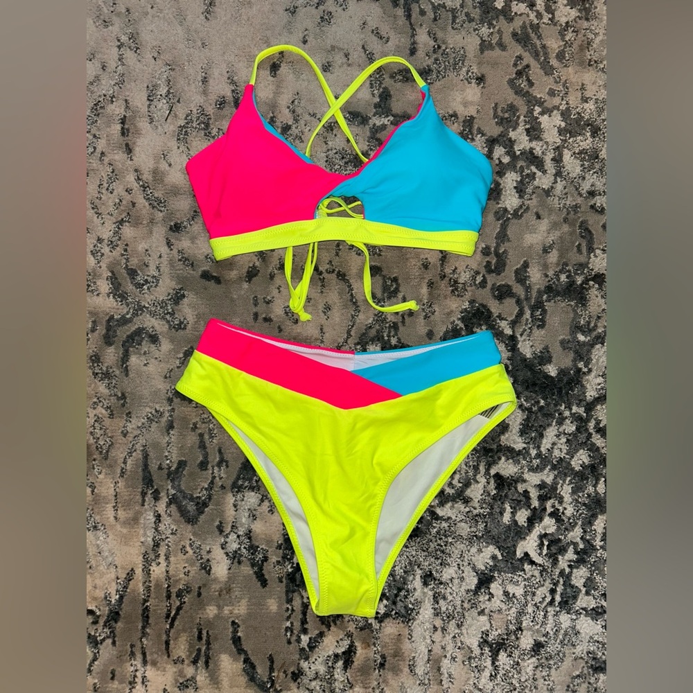 Vibrant Bikini Set in Pink, Blue, and Neon Yellow